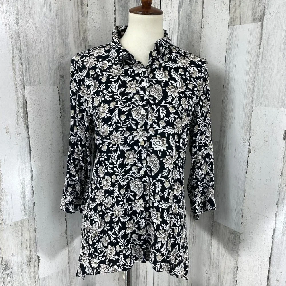 J. Jill Women's Black Floral Rayon 3/4 Sleeve Button Up Shirt Top Blouse Sz M